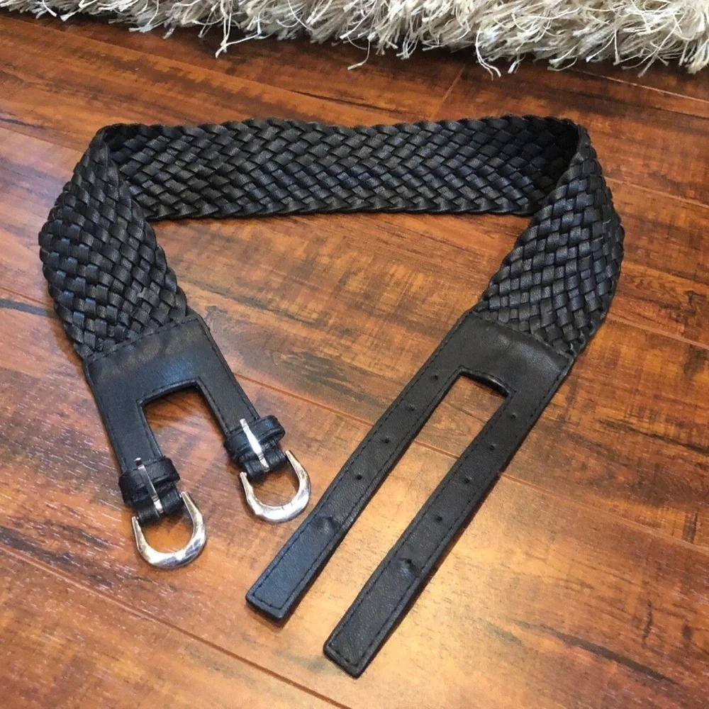 Black BoHo Hippie Hippy Double Buckle Faux Leather Woven High Waisted Be…